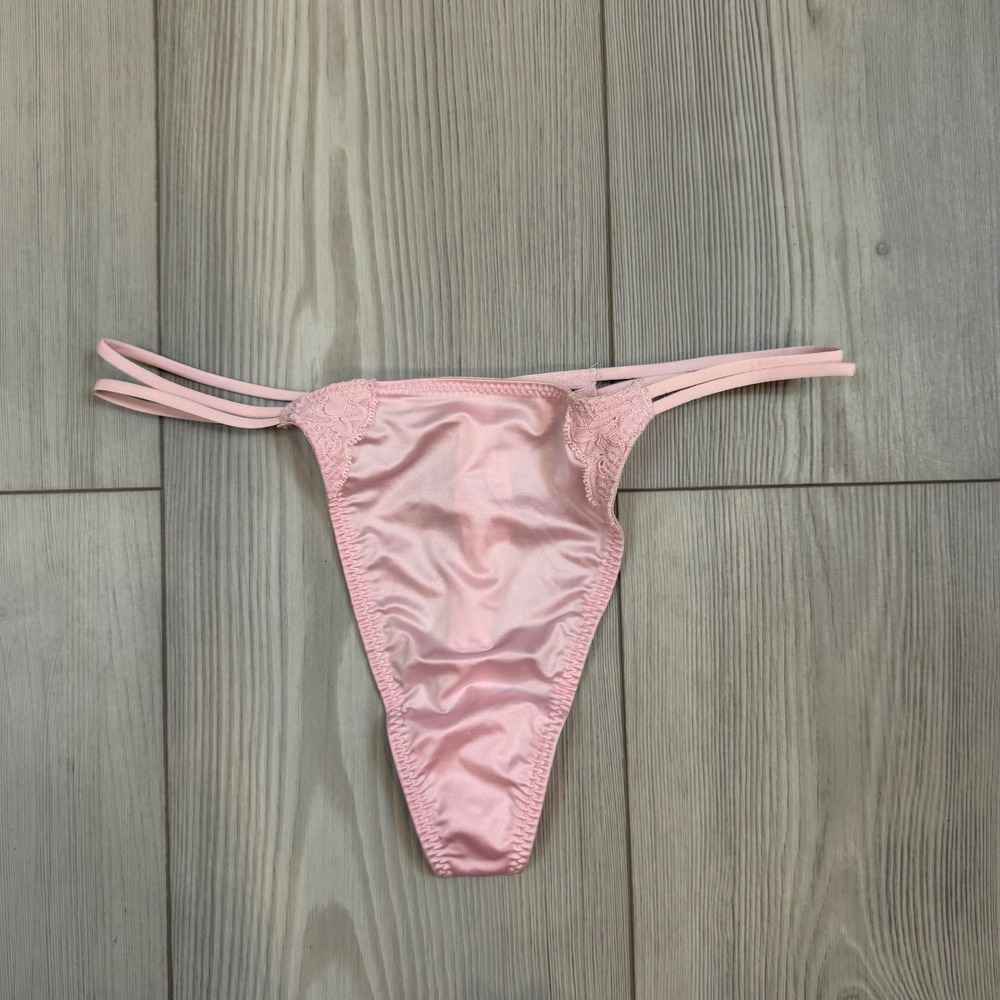 Vintage 2001 Victorias Secret Pink Satin‎ Lace String Thong Panty NWT Small